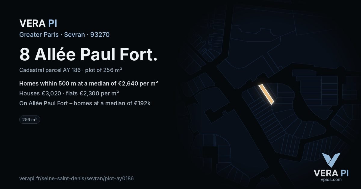 8 Allée Paul Fort, Sevran at night – the plot lit, the parcels around coloured by the prices near them