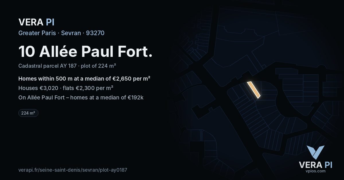 10 Allée Paul Fort, Sevran at night – the plot lit, the parcels around coloured by the prices near them