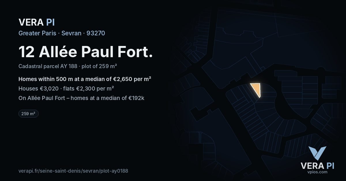 12 Allée Paul Fort, Sevran at night – the plot lit, the parcels around coloured by the prices near them