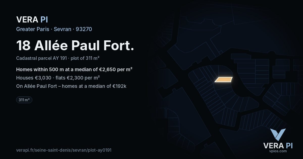 18 Allée Paul Fort, Sevran at night – the plot lit, the parcels around coloured by the prices near them