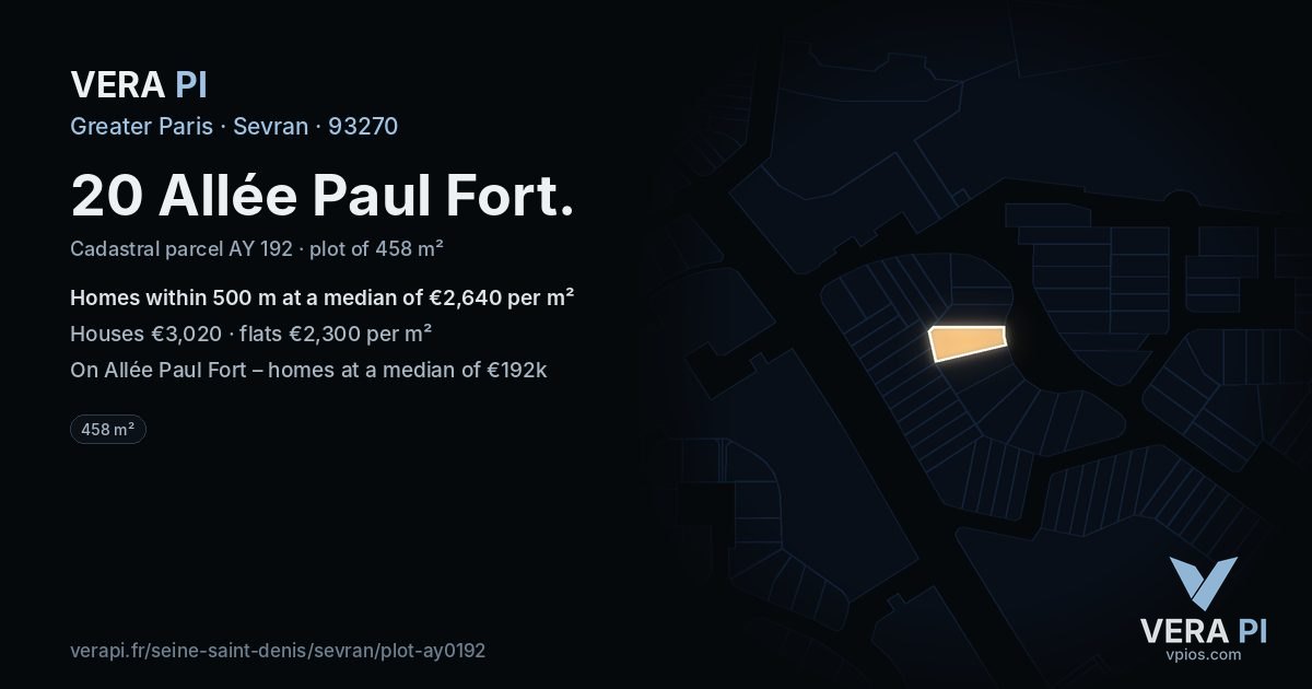 20 Allée Paul Fort, Sevran at night – the plot lit, the parcels around coloured by the prices near them