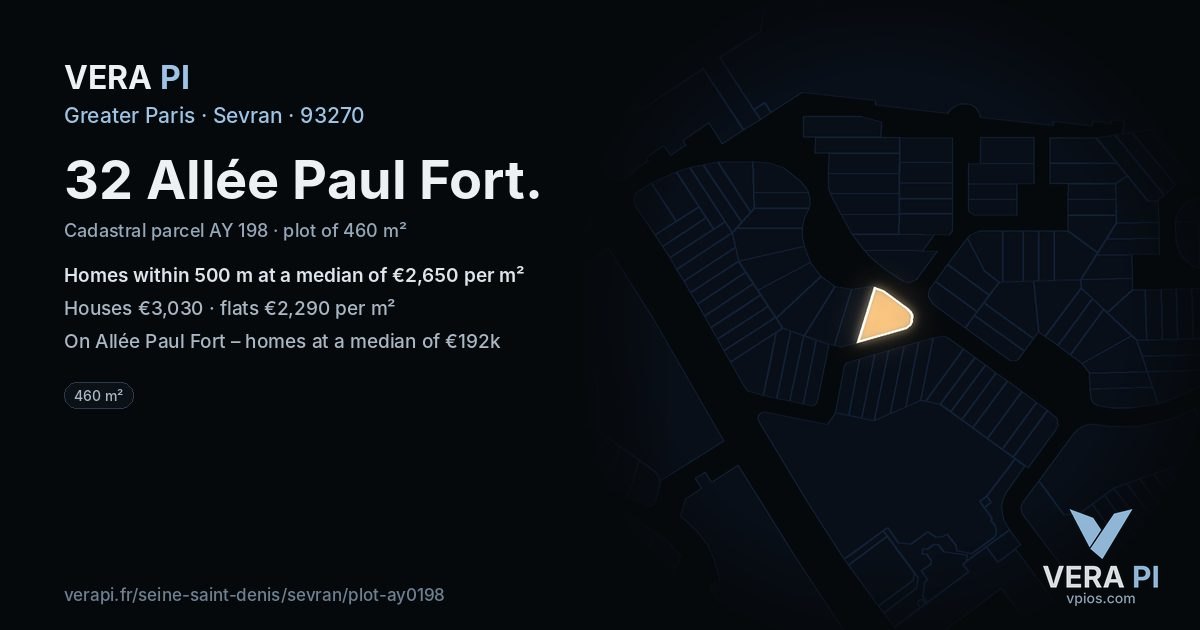 32 Allée Paul Fort, Sevran at night – the plot lit, the parcels around coloured by the prices near them