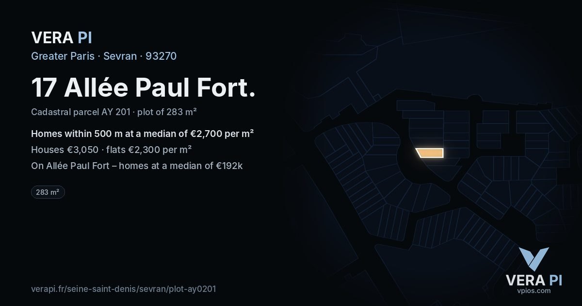 17 Allée Paul Fort, Sevran at night – the plot lit, the parcels around coloured by the prices near them