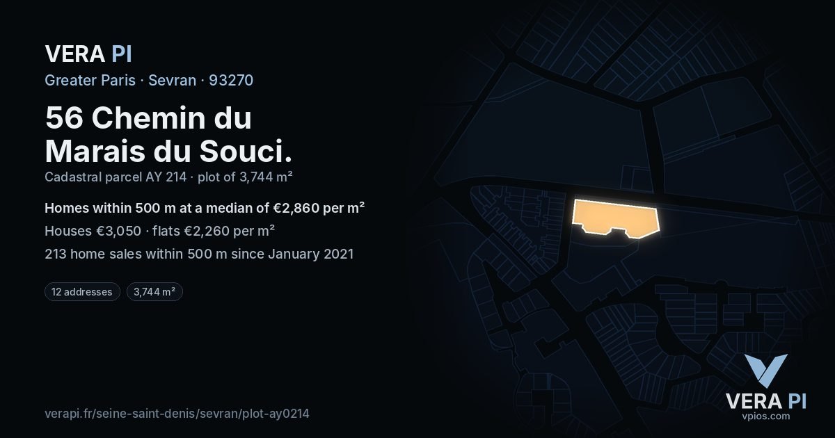 56 Chemin du Marais du Souci, Sevran at night – the plot lit, the parcels around coloured by the prices near them