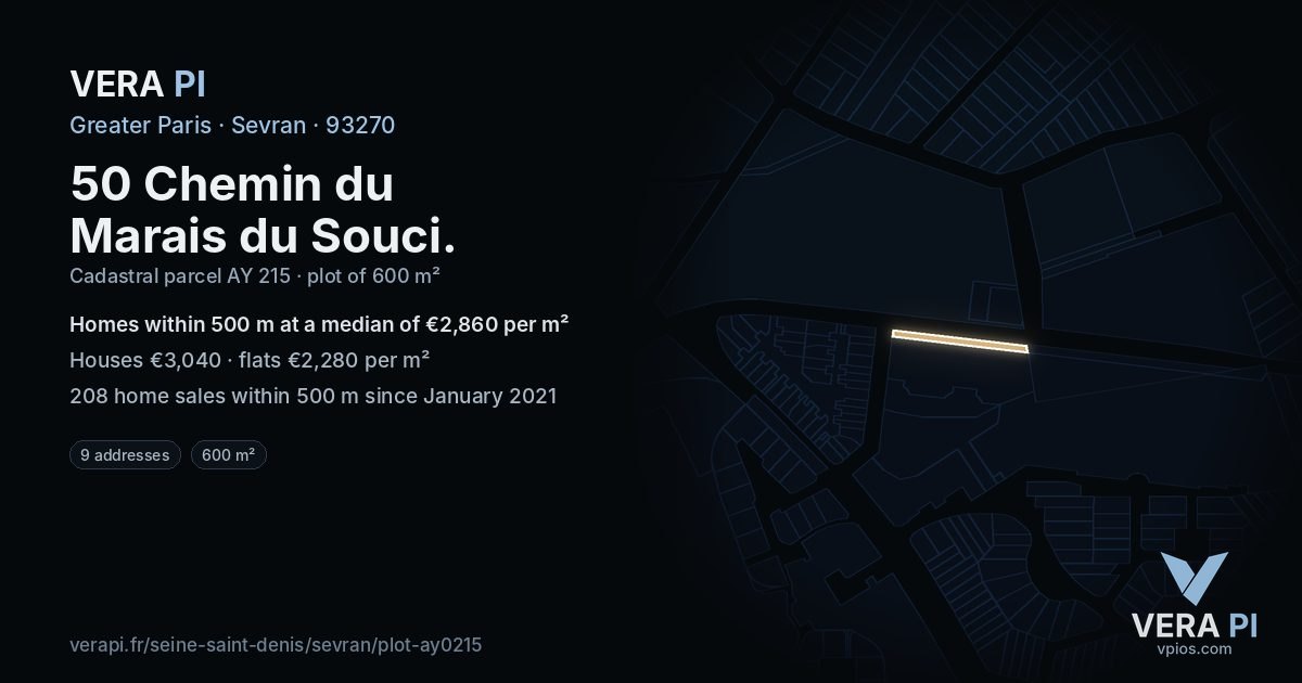 50 Chemin du Marais du Souci, Sevran at night – the plot lit, the parcels around coloured by the prices near them