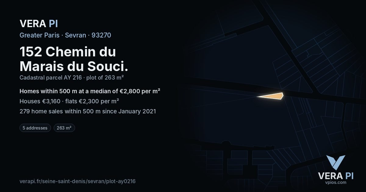 152 Chemin du Marais du Souci, Sevran at night – the plot lit, the parcels around coloured by the prices near them