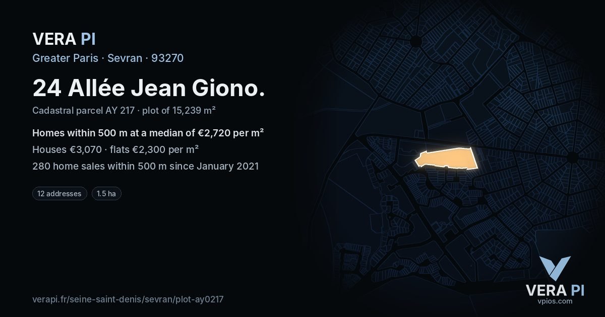 24 Allée Jean Giono, Sevran at night – the plot lit, the parcels around coloured by the prices near them
