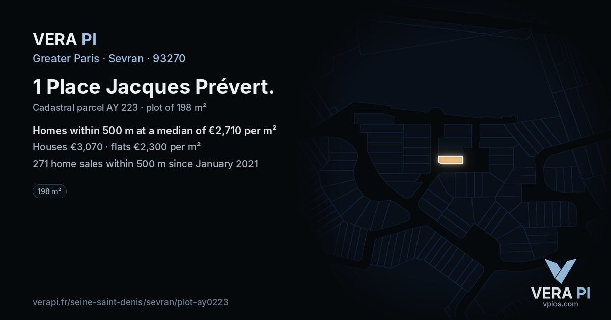 1 Place Jacques Prévert, Sevran at night – the plot lit, the parcels around coloured by the prices near them