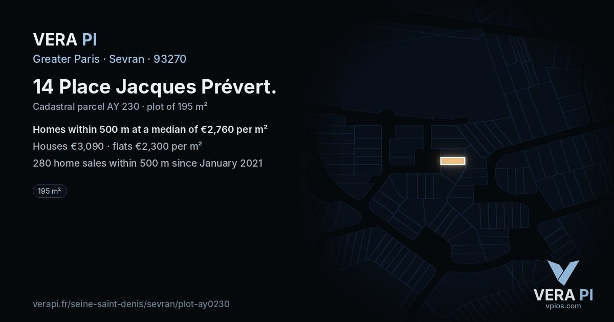 14 Place Jacques Prévert, Sevran at night – the plot lit, the parcels around coloured by the prices near them