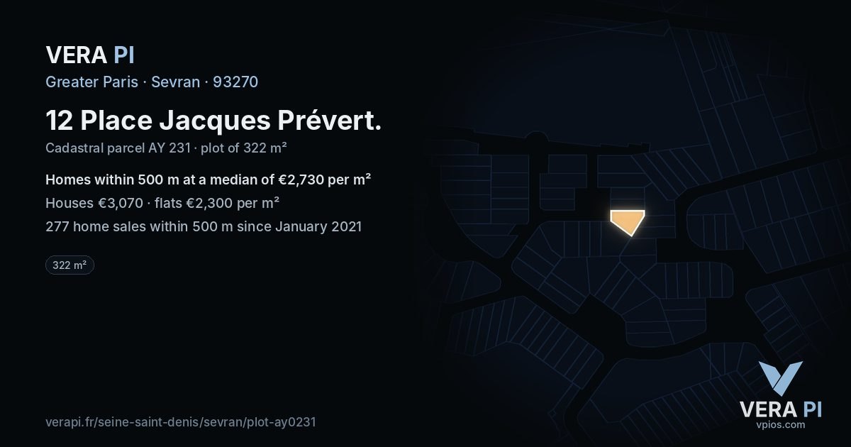 12 Place Jacques Prévert, Sevran at night – the plot lit, the parcels around coloured by the prices near them