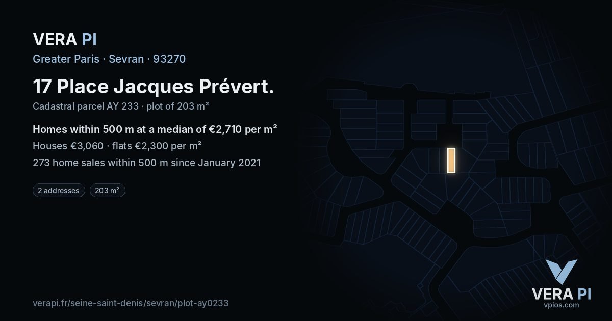 17 Place Jacques Prévert, Sevran at night – the plot lit, the parcels around coloured by the prices near them