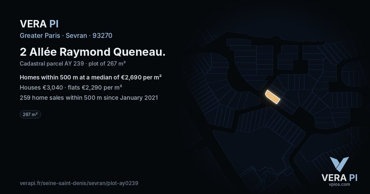2 Allée Raymond Queneau, Sevran at night – the plot lit, the parcels around coloured by the prices near them