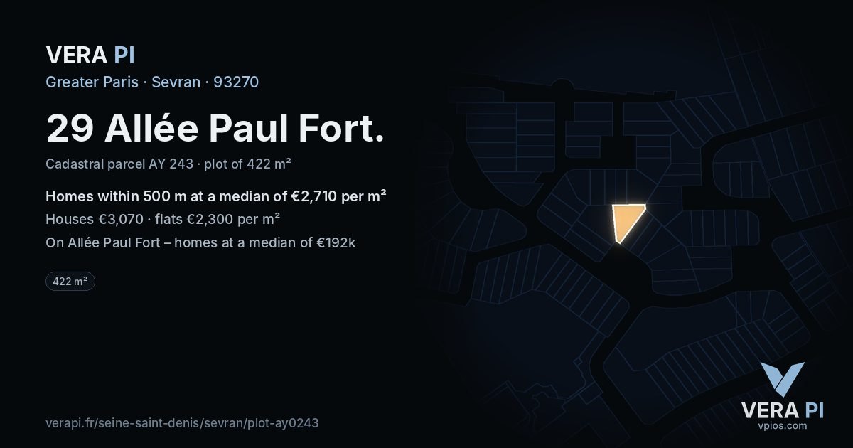 29 Allée Paul Fort, Sevran at night – the plot lit, the parcels around coloured by the prices near them