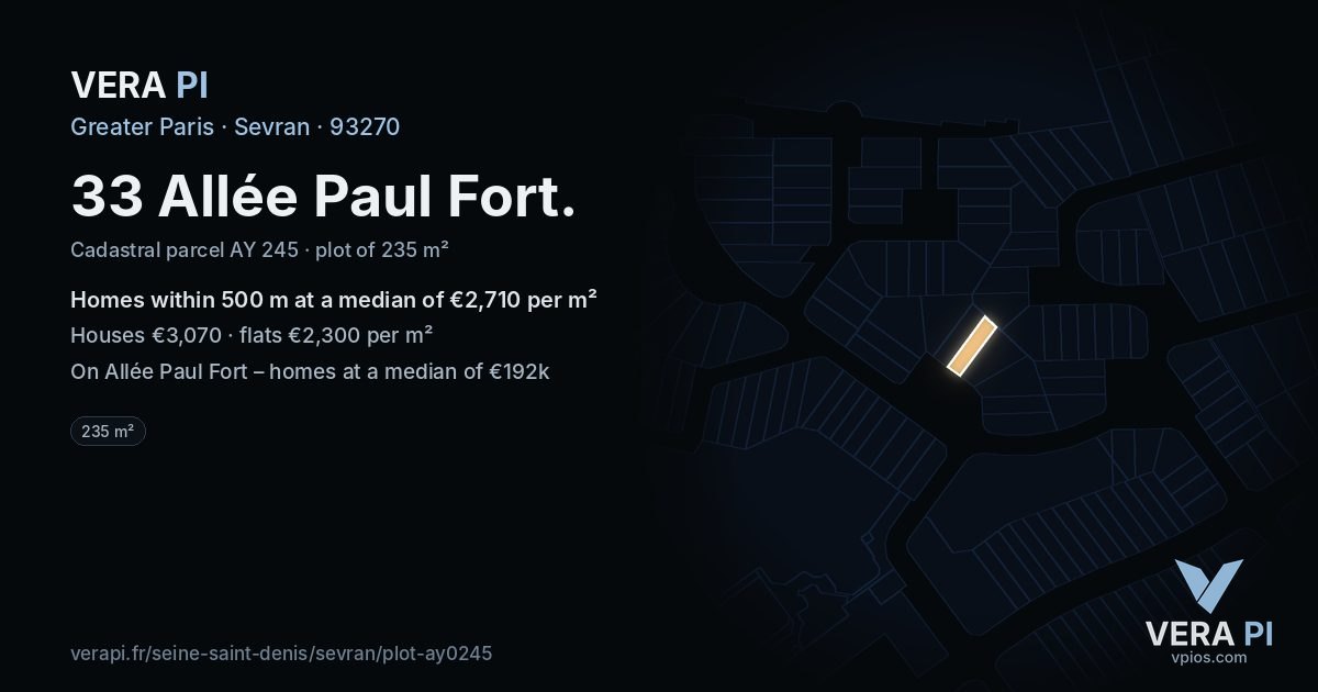 33 Allée Paul Fort, Sevran at night – the plot lit, the parcels around coloured by the prices near them