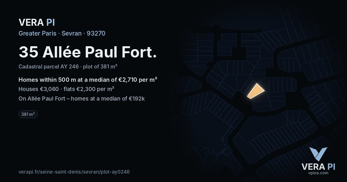 35 Allée Paul Fort, Sevran at night – the plot lit, the parcels around coloured by the prices near them