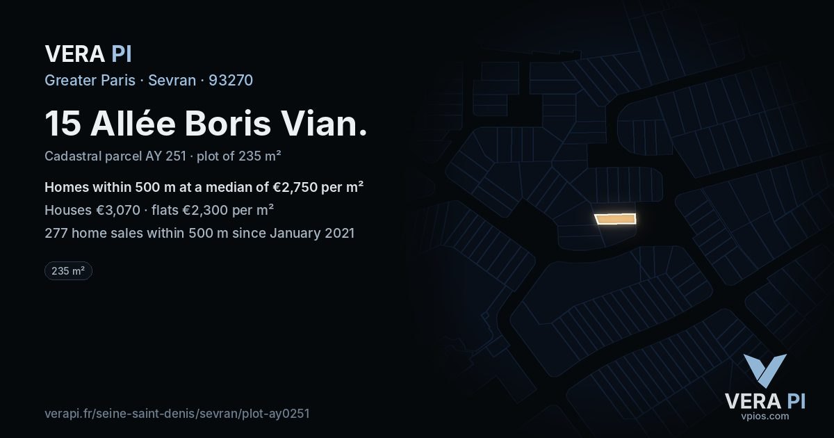 15 Allée Boris Vian, Sevran at night – the plot lit, the parcels around coloured by the prices near them