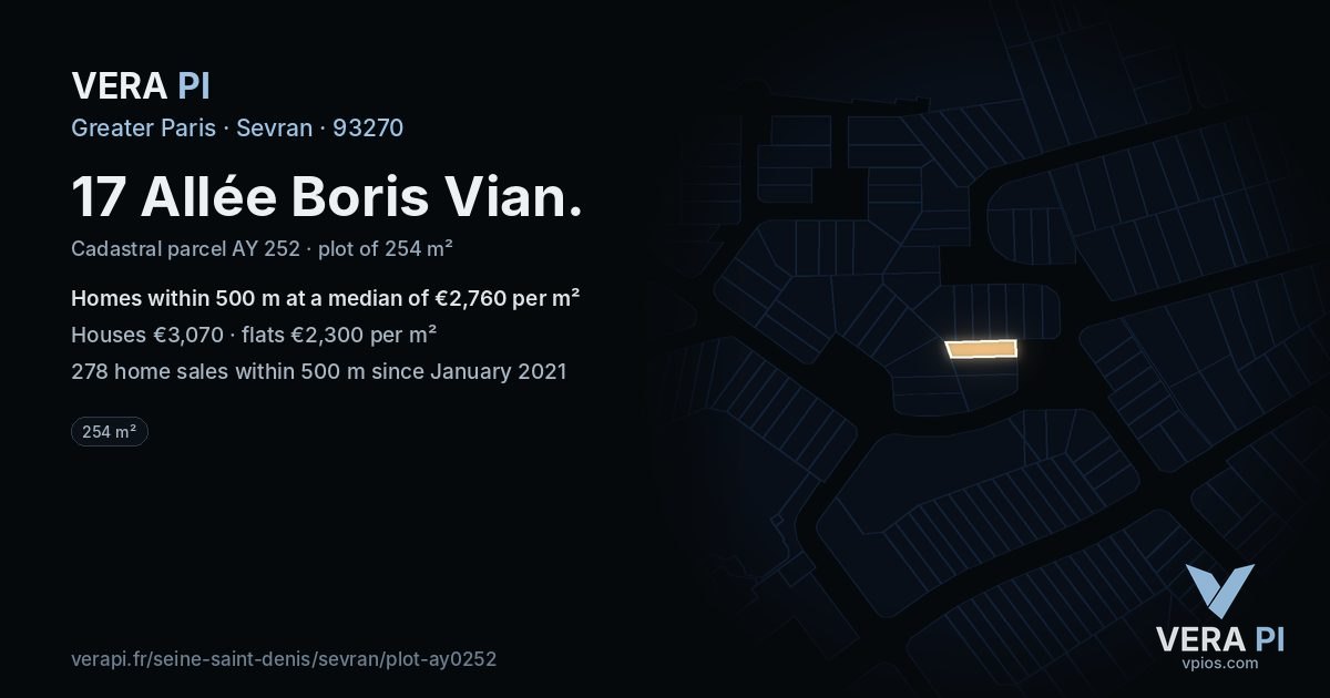 17 Allée Boris Vian, Sevran at night – the plot lit, the parcels around coloured by the prices near them