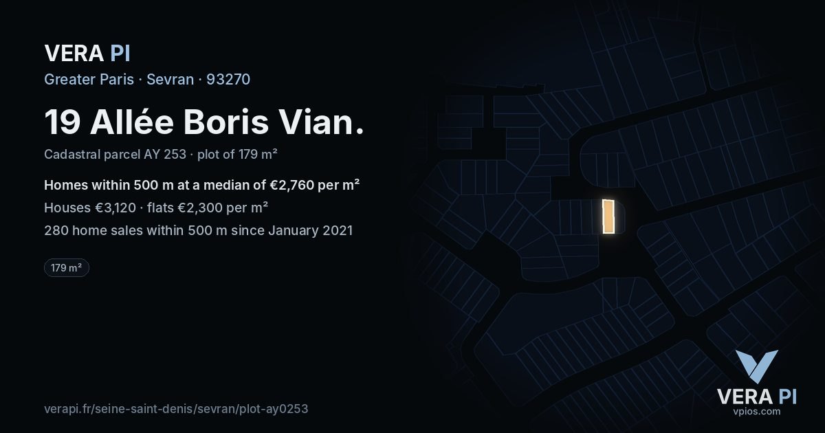 19 Allée Boris Vian, Sevran at night – the plot lit, the parcels around coloured by the prices near them