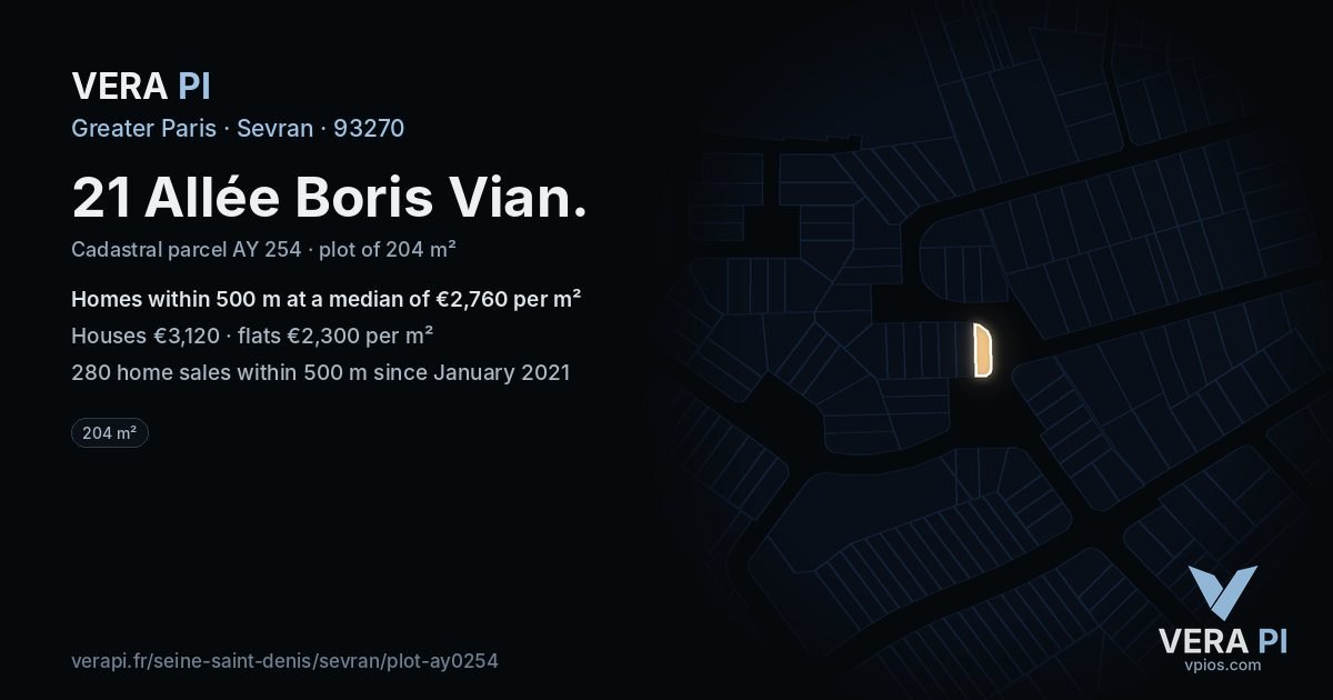 21 Allée Boris Vian, Sevran at night – the plot lit, the parcels around coloured by the prices near them