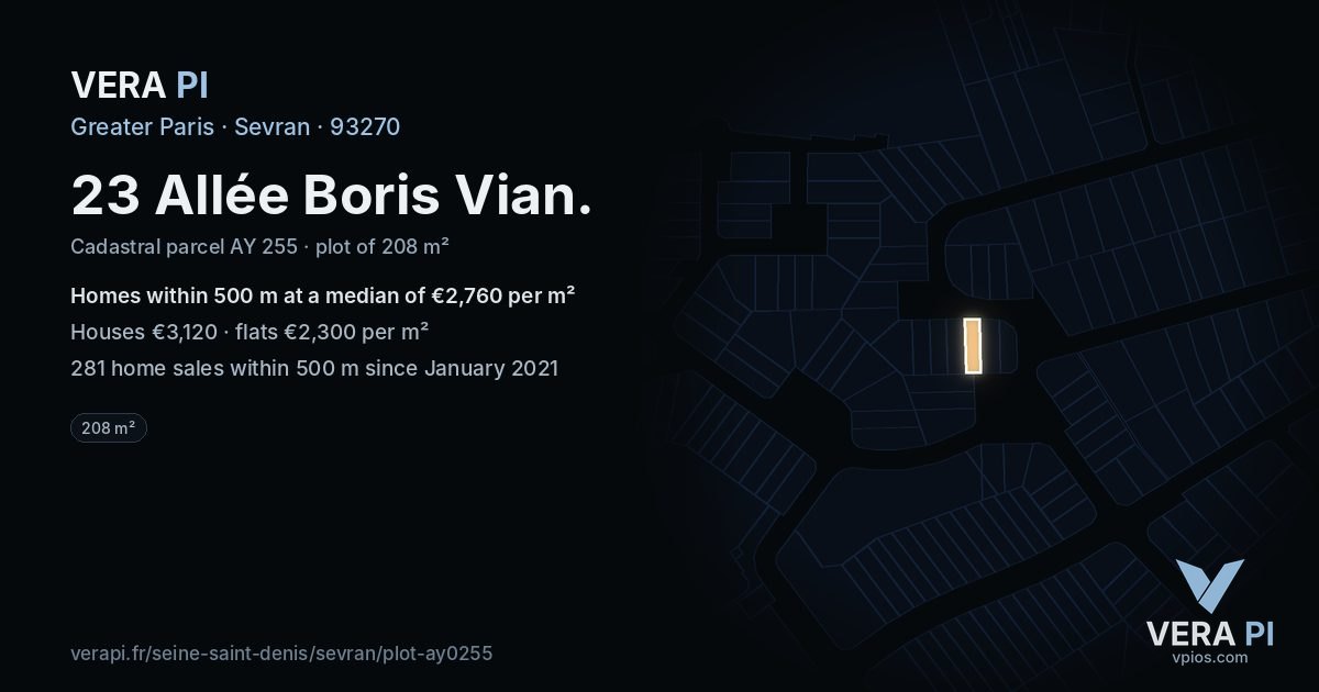 23 Allée Boris Vian, Sevran at night – the plot lit, the parcels around coloured by the prices near them