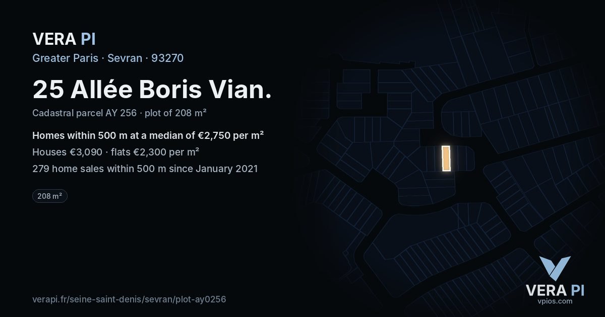 25 Allée Boris Vian, Sevran at night – the plot lit, the parcels around coloured by the prices near them
