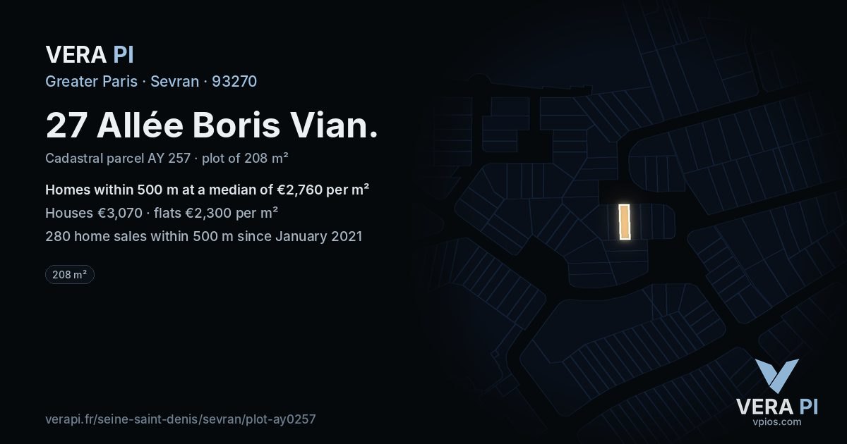 27 Allée Boris Vian, Sevran at night – the plot lit, the parcels around coloured by the prices near them