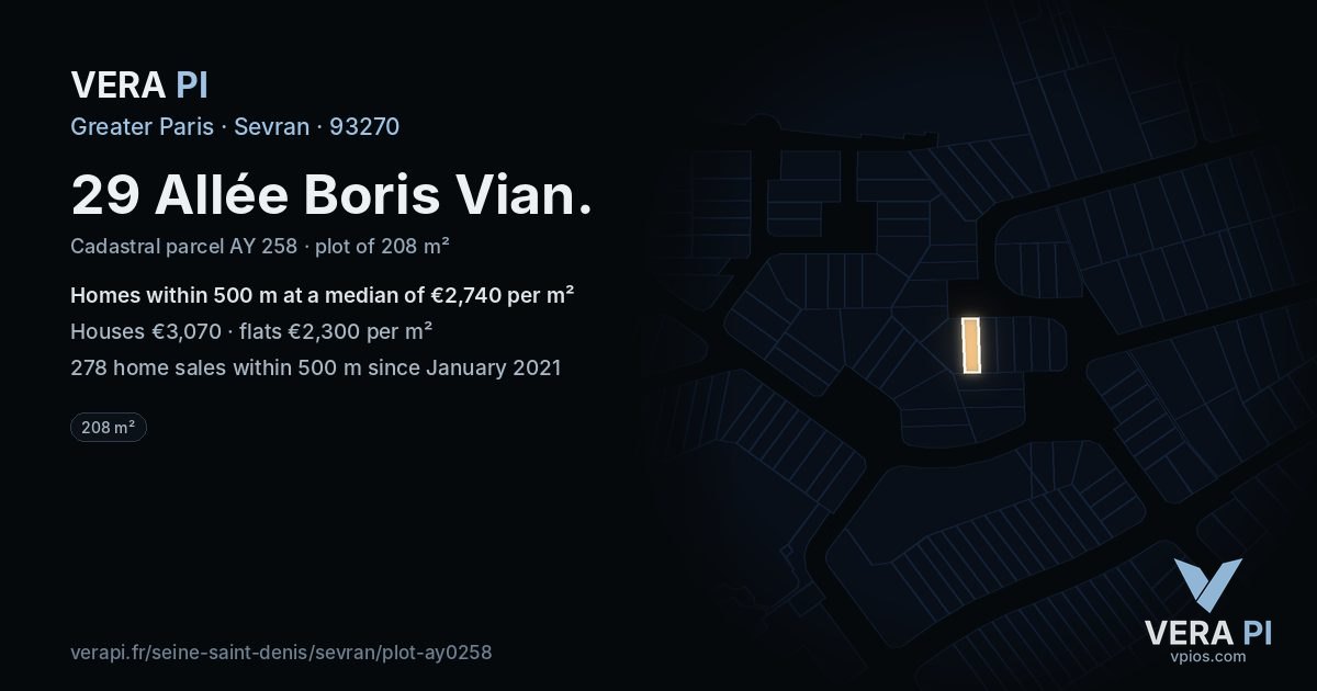 29 Allée Boris Vian, Sevran at night – the plot lit, the parcels around coloured by the prices near them
