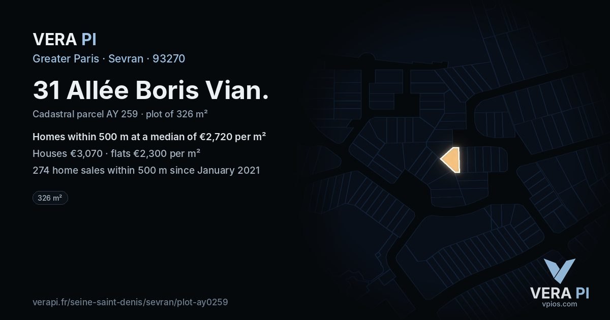 31 Allée Boris Vian, Sevran at night – the plot lit, the parcels around coloured by the prices near them