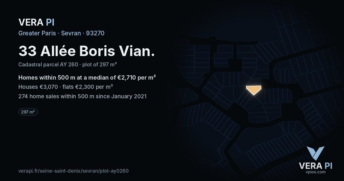 33 Allée Boris Vian, Sevran at night – the plot lit, the parcels around coloured by the prices near them