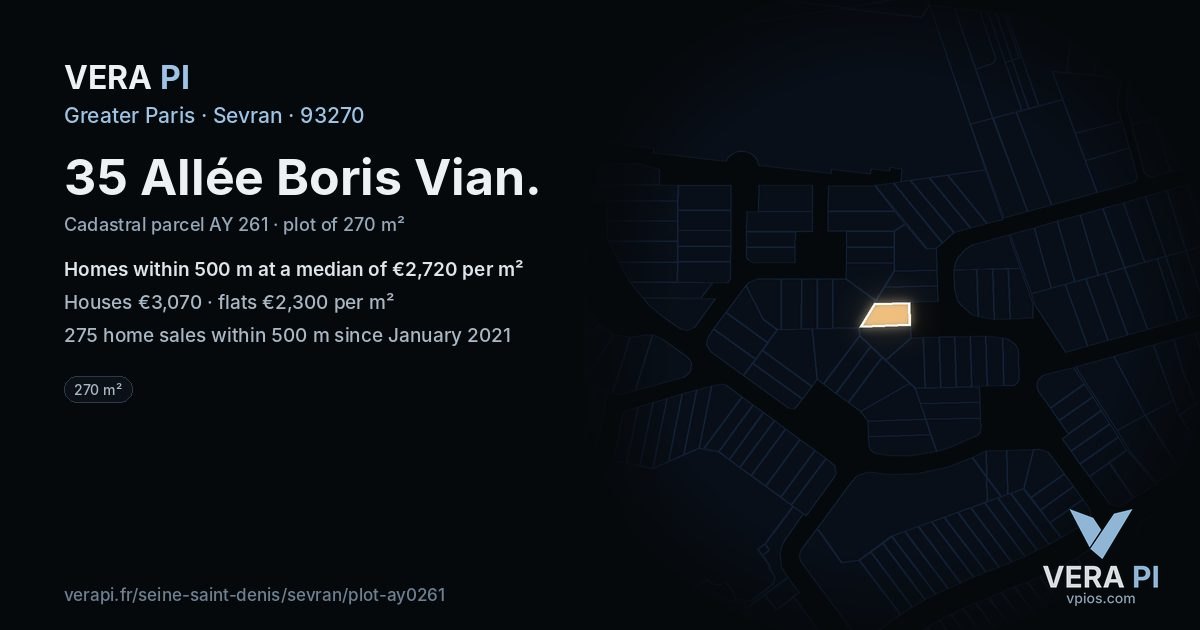 35 Allée Boris Vian, Sevran at night – the plot lit, the parcels around coloured by the prices near them