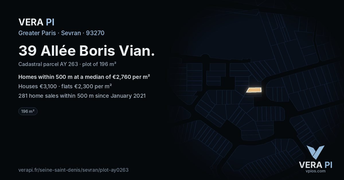 39 Allée Boris Vian, Sevran at night – the plot lit, the parcels around coloured by the prices near them