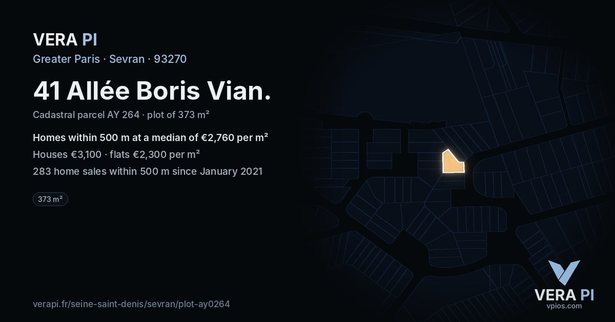 41 Allée Boris Vian, Sevran at night – the plot lit, the parcels around coloured by the prices near them