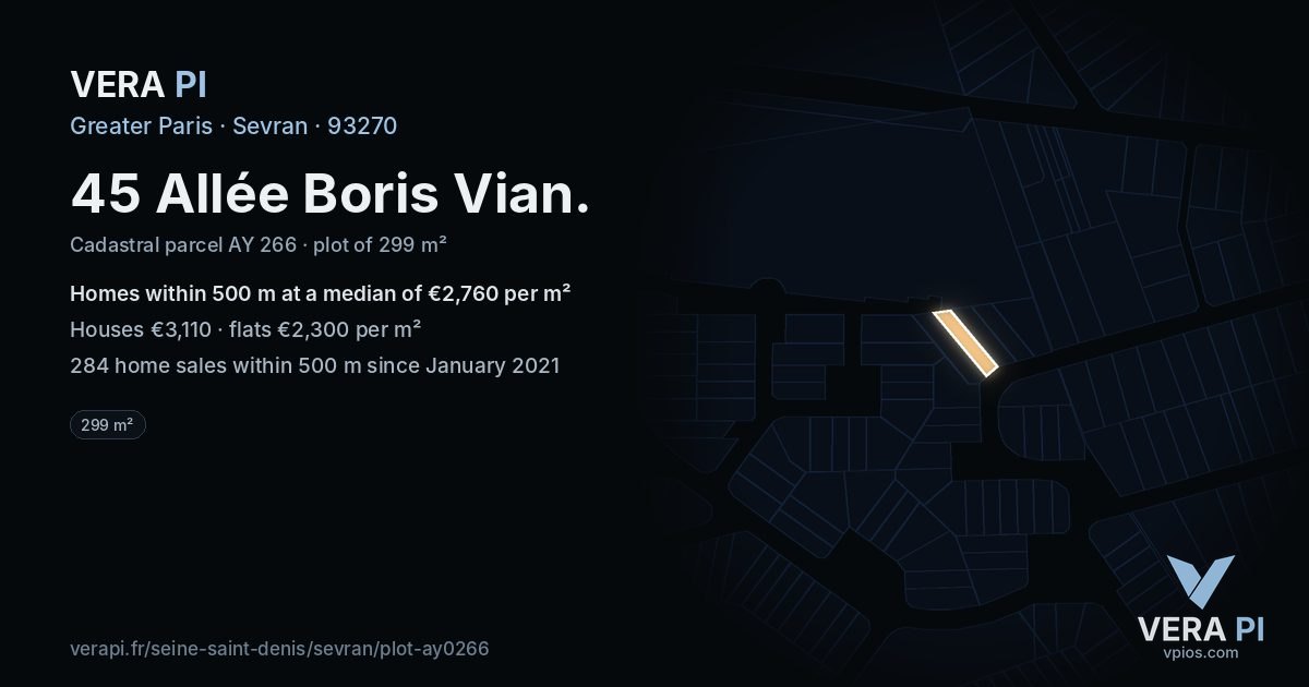 45 Allée Boris Vian, Sevran at night – the plot lit, the parcels around coloured by the prices near them