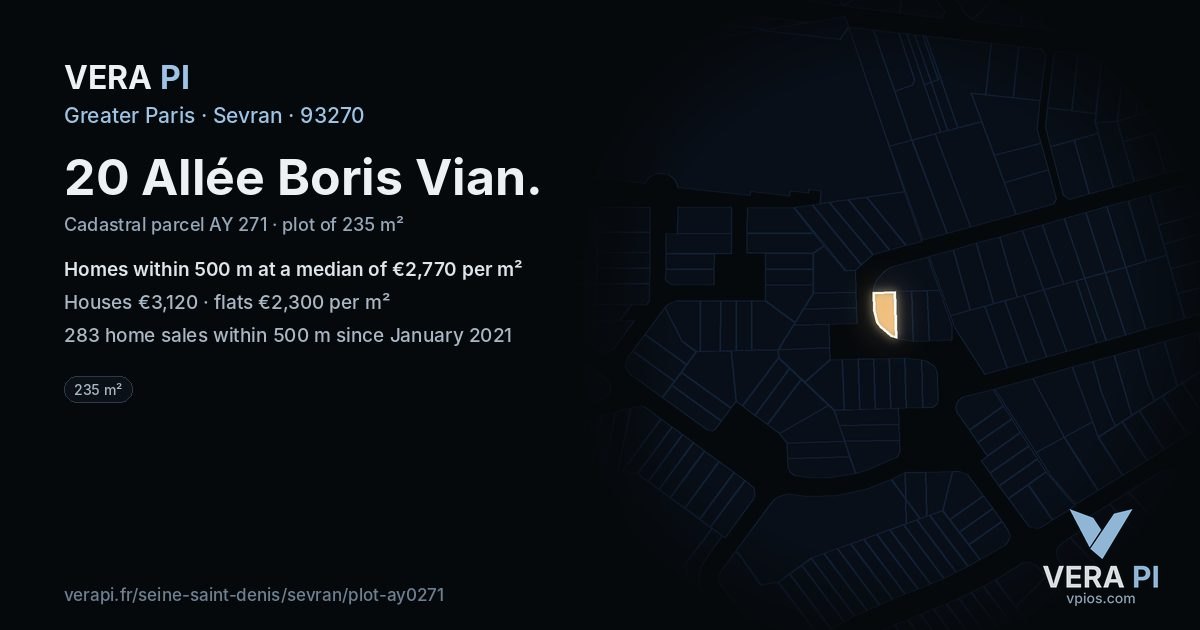 20 Allée Boris Vian, Sevran at night – the plot lit, the parcels around coloured by the prices near them