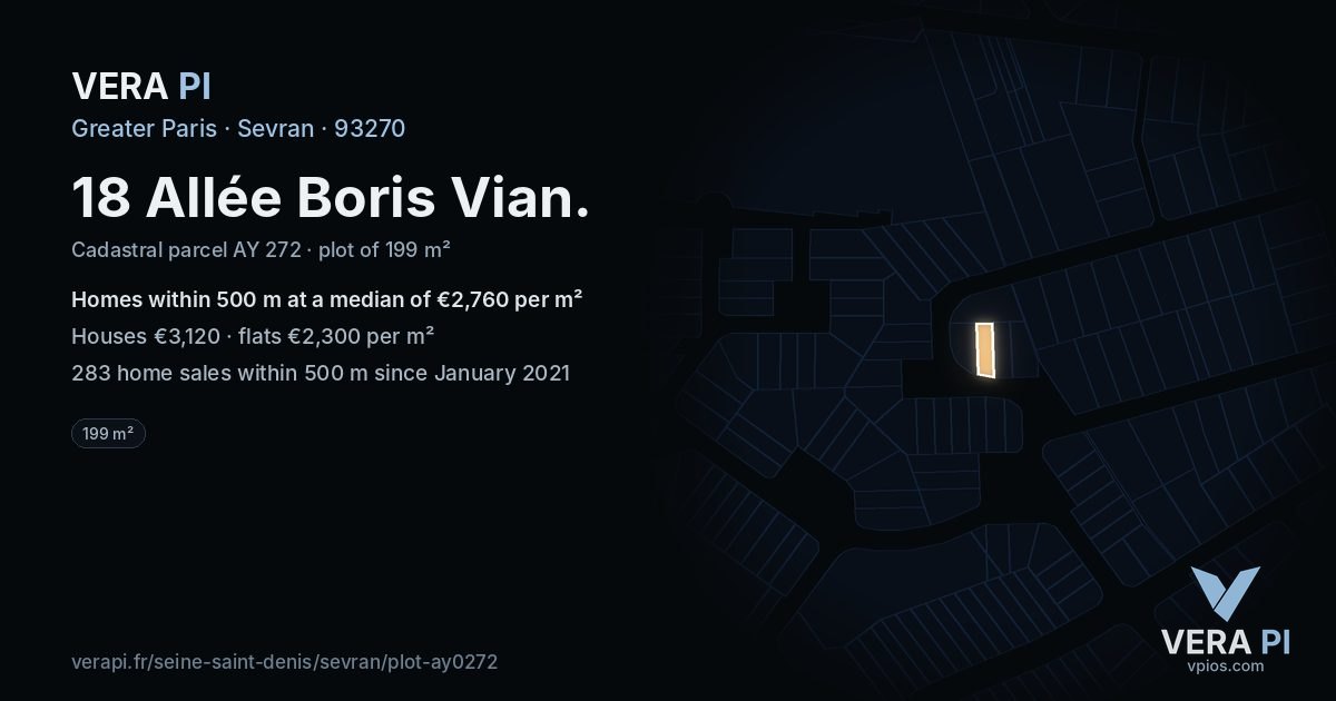 18 Allée Boris Vian, Sevran at night – the plot lit, the parcels around coloured by the prices near them