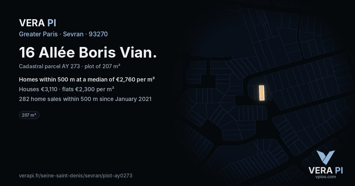 16 Allée Boris Vian, Sevran at night – the plot lit, the parcels around coloured by the prices near them