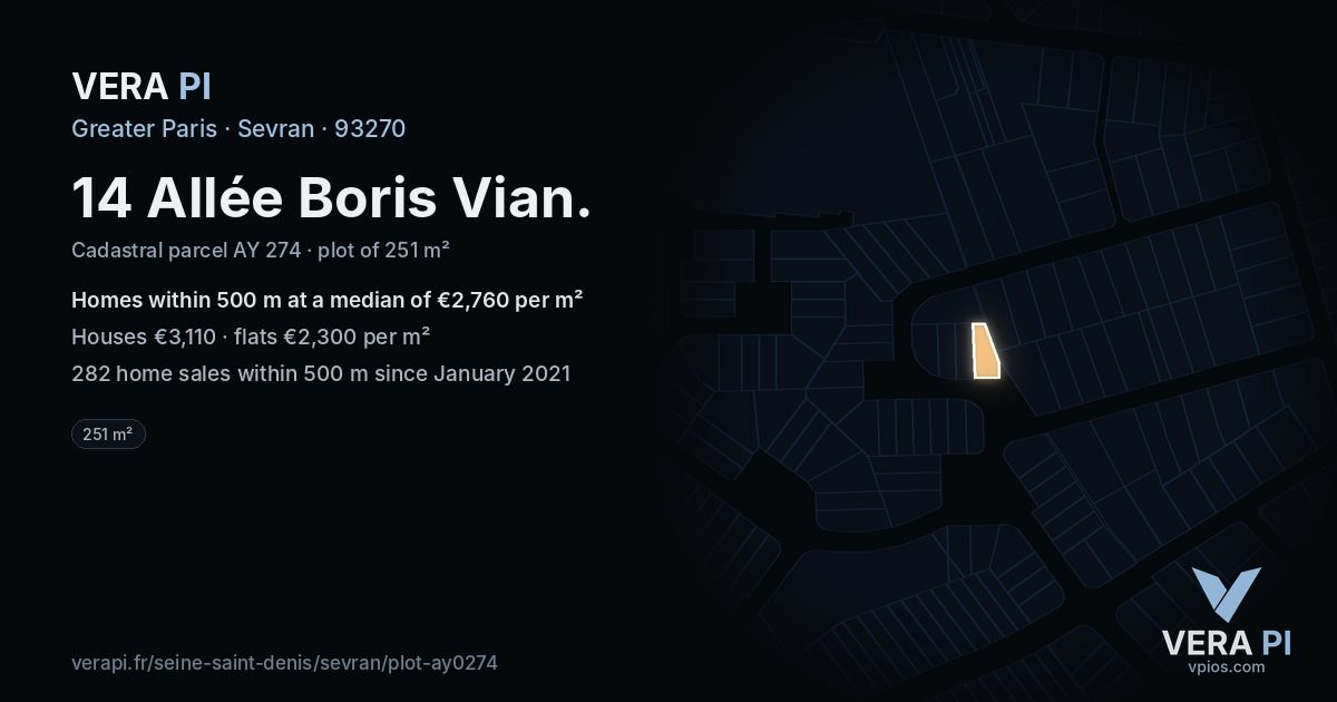 14 Allée Boris Vian, Sevran at night – the plot lit, the parcels around coloured by the prices near them