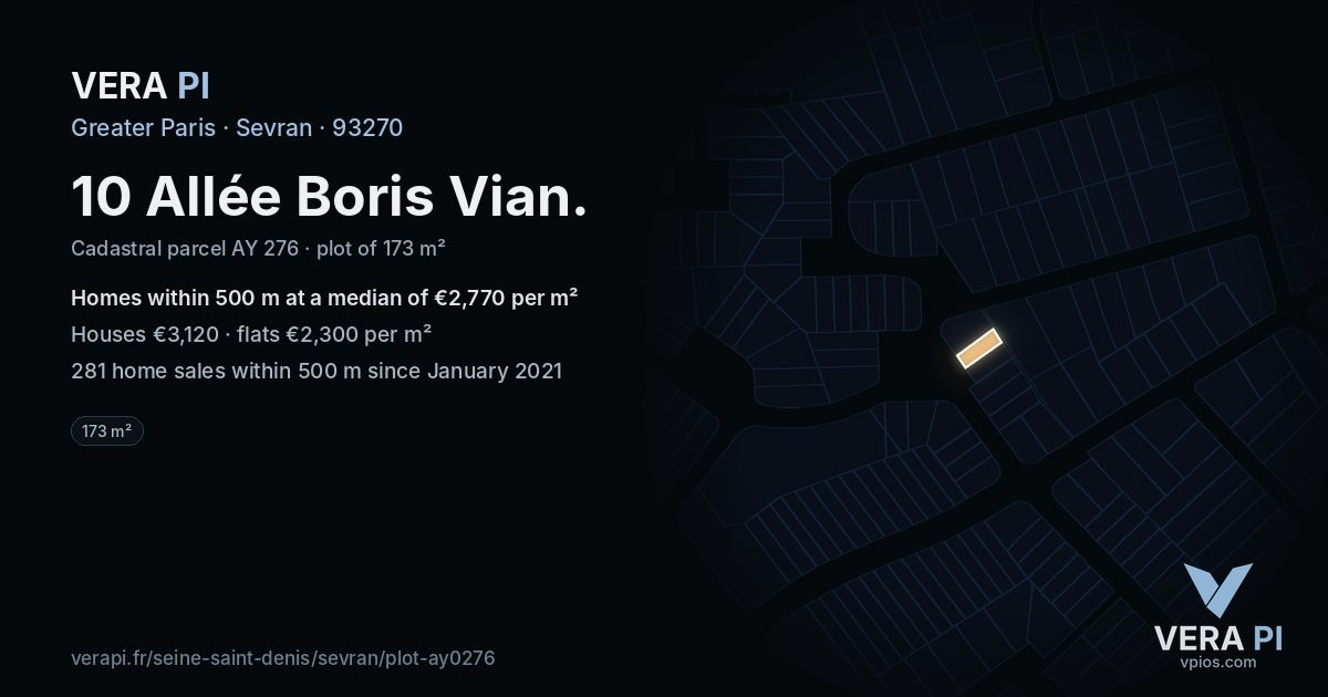 10 Allée Boris Vian, Sevran at night – the plot lit, the parcels around coloured by the prices near them