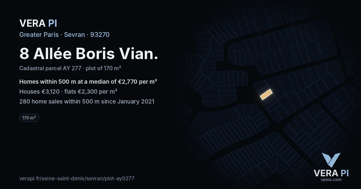 8 Allée Boris Vian, Sevran at night – the plot lit, the parcels around coloured by the prices near them