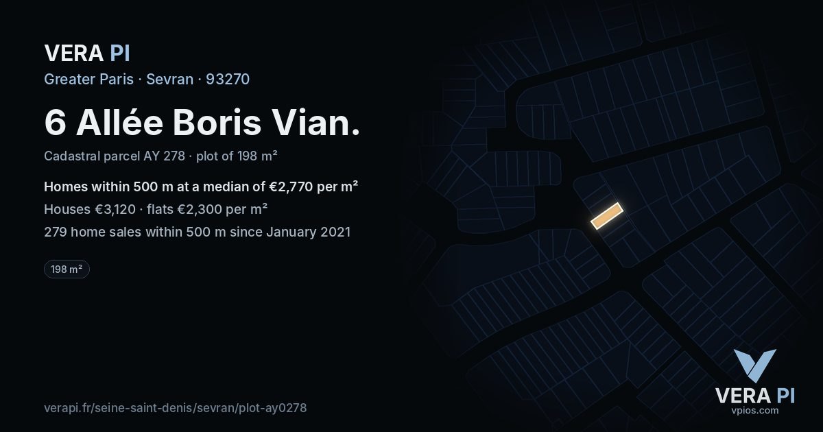 6 Allée Boris Vian, Sevran at night – the plot lit, the parcels around coloured by the prices near them