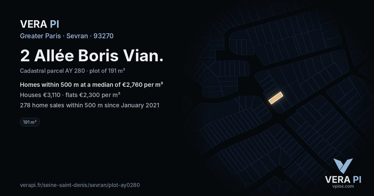 2 Allée Boris Vian, Sevran at night – the plot lit, the parcels around coloured by the prices near them