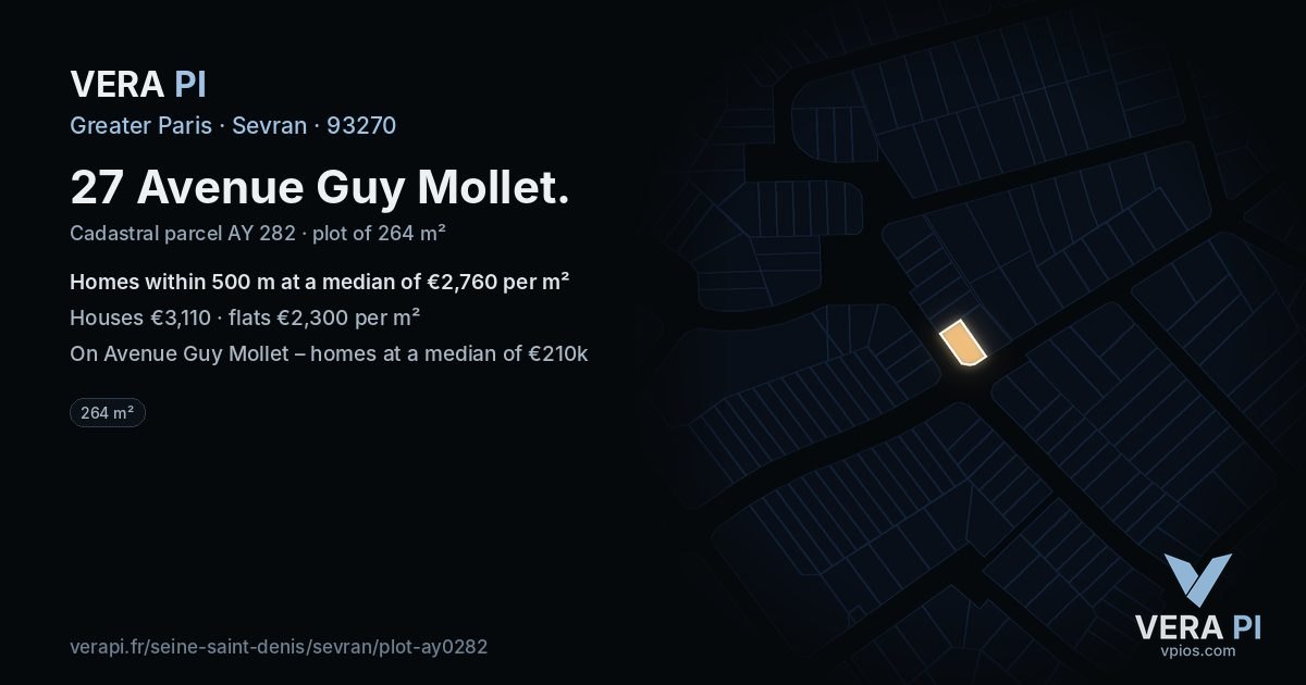 27 Avenue Guy Mollet, Sevran at night – the plot lit, the parcels around coloured by the prices near them