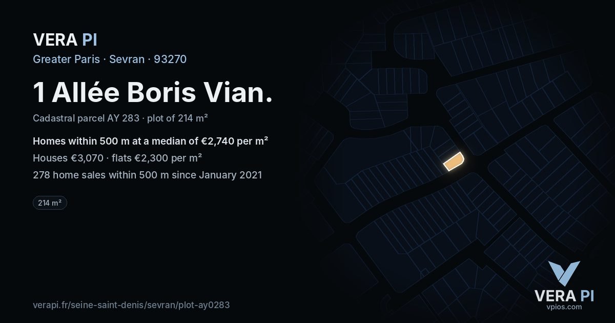 1 Allée Boris Vian, Sevran at night – the plot lit, the parcels around coloured by the prices near them