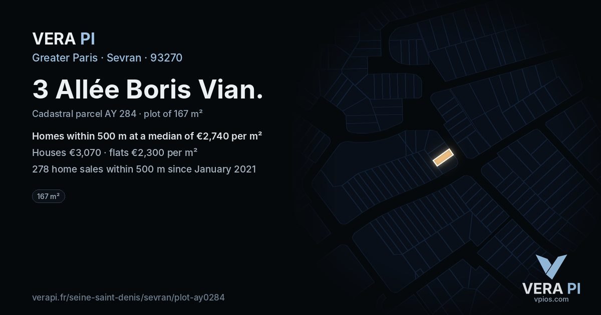 3 Allée Boris Vian, Sevran at night – the plot lit, the parcels around coloured by the prices near them
