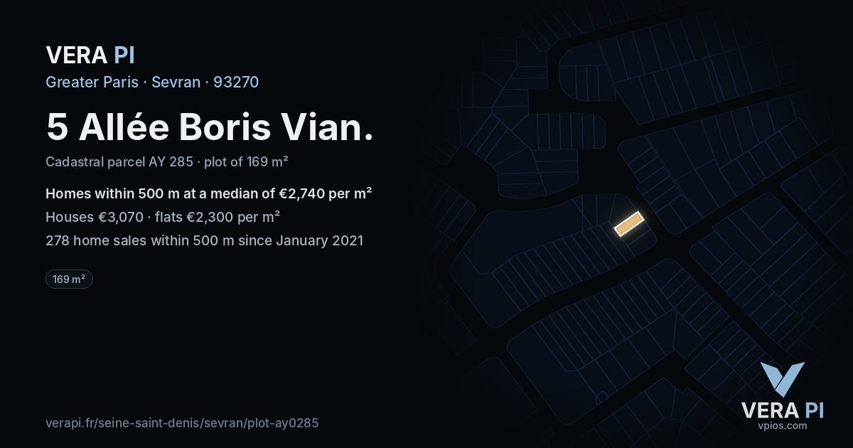 5 Allée Boris Vian, Sevran at night – the plot lit, the parcels around coloured by the prices near them