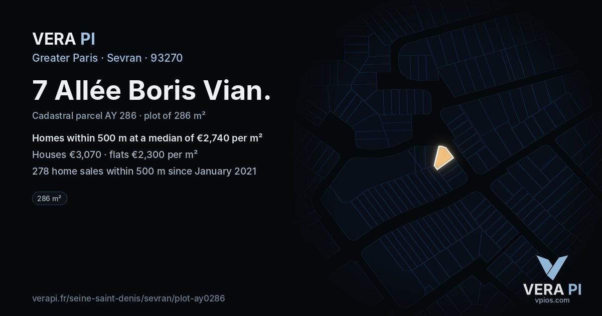 7 Allée Boris Vian, Sevran at night – the plot lit, the parcels around coloured by the prices near them