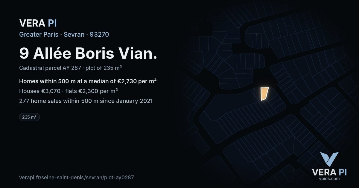 9 Allée Boris Vian, Sevran at night – the plot lit, the parcels around coloured by the prices near them