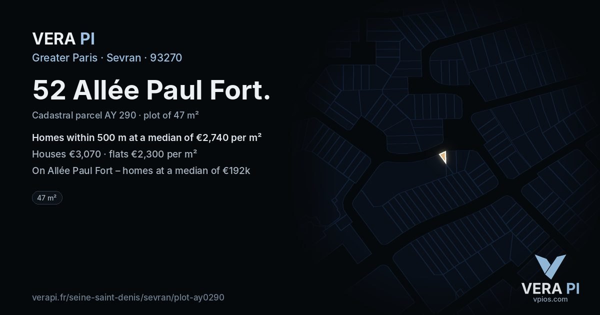 52 Allée Paul Fort, Sevran at night – the plot lit, the parcels around coloured by the prices near them