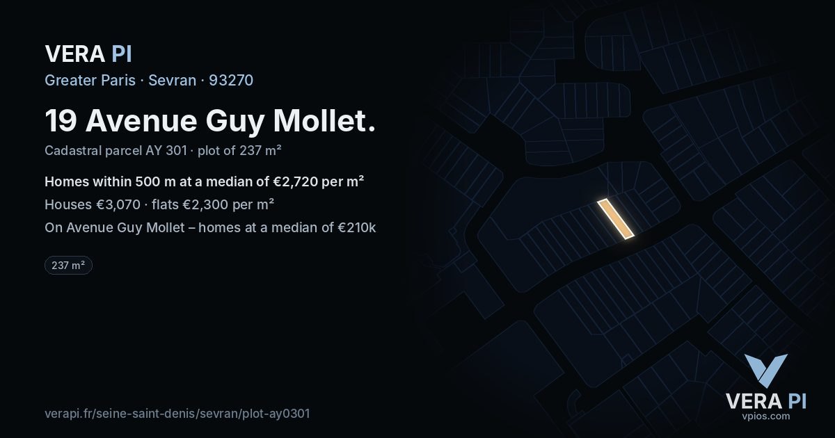 19 Avenue Guy Mollet, Sevran at night – the plot lit, the parcels around coloured by the prices near them