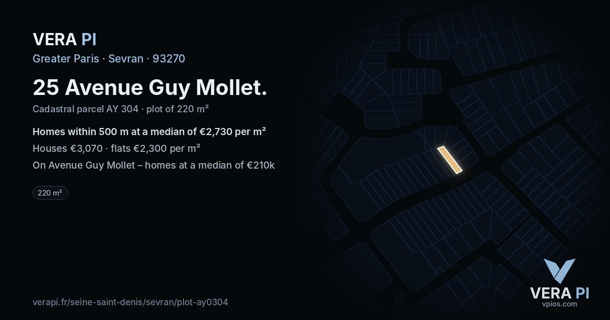 25 Avenue Guy Mollet, Sevran at night – the plot lit, the parcels around coloured by the prices near them